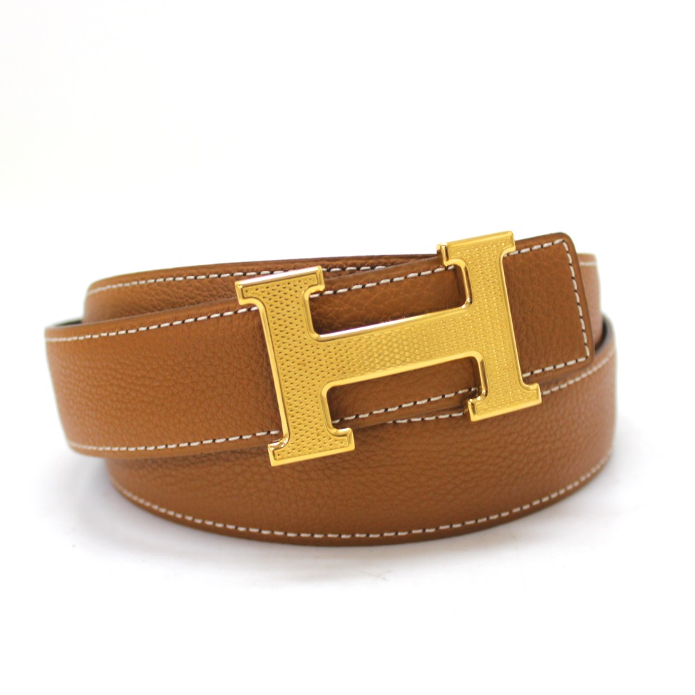 AUTHENTIC HERMES Guilloche-Hardware Reversible H Belt Gold/Dark Brown Size90 | eBay