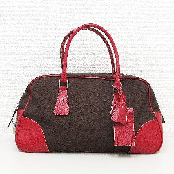 大幅値下げ Prada プラダ ボストン バッグ 茶 ブラウン 赤 レッド キャンバス レザー ブランドバッグ ー ブラモ 欲しいブランド品がすぐ見つかる ネット通販サイト