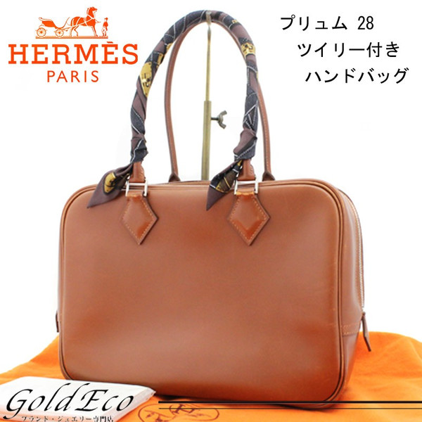 Hermes エルメス ハンドバッグ プリュム28 ツイリー付きレザー 口g刻印 03年製 カーフ ブラウン 茶レディース ー ブラモ 欲しいブランド品がすぐ見つかる ネット通販サイト