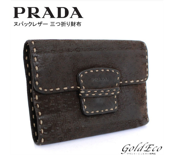 Prada Prada Logo Tri Fold Wallet Dark Brown Brown Nubuck Leather Unisex Wallet Men S Ladies Pre Owned ー The Best Place To Buy Brand Bags Watches Jewelry Bramo