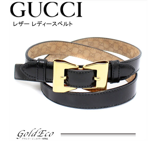 品質のいい ベルト グッチ Gucci リボン レザーベルト 金 黒 - ベルト