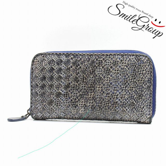 114076 ブラックメタリック 【中古】 レザー イントレチャート BOTTEGA VENETA ボッテガヴェネタ ラウンドファスナー長財布
