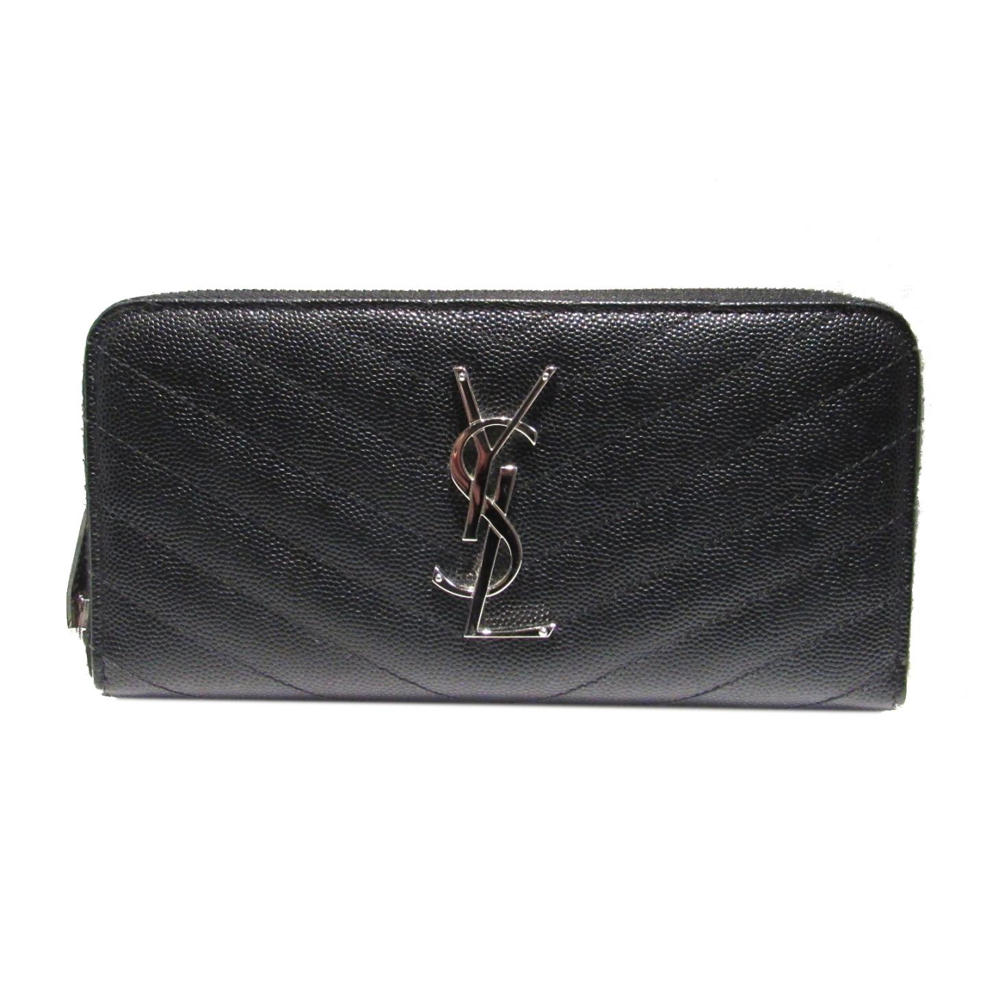 yves saint laurent伊夫圣罗兰圆形拉链长款钱包黑色x银色皮革