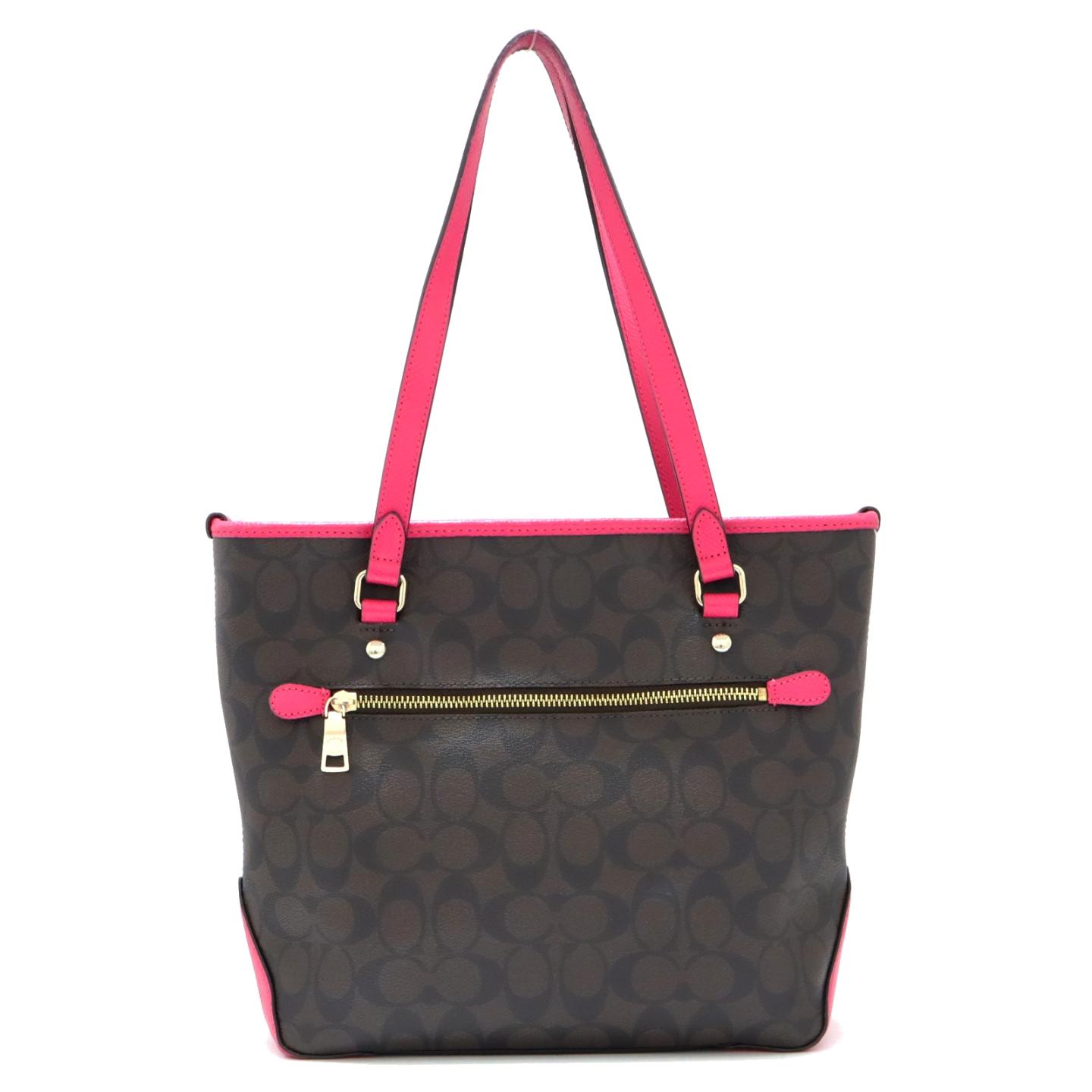 coach蔻驰签名手提袋f34603棕色x粉红色pvc涂层[中号