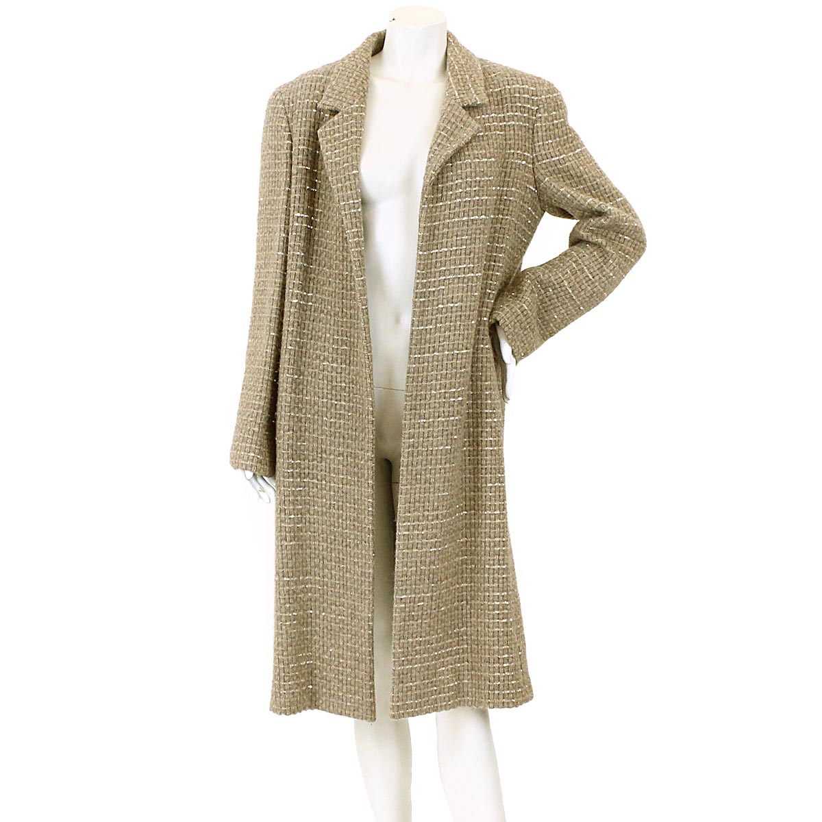 シャネル ツイード コート チェック 柄 ロング スパンコール付き ブラウン サイズ 44 00a レディース アパレル ー ブラモ 欲しいブランド品がすぐ見つかる ネット通販サイト