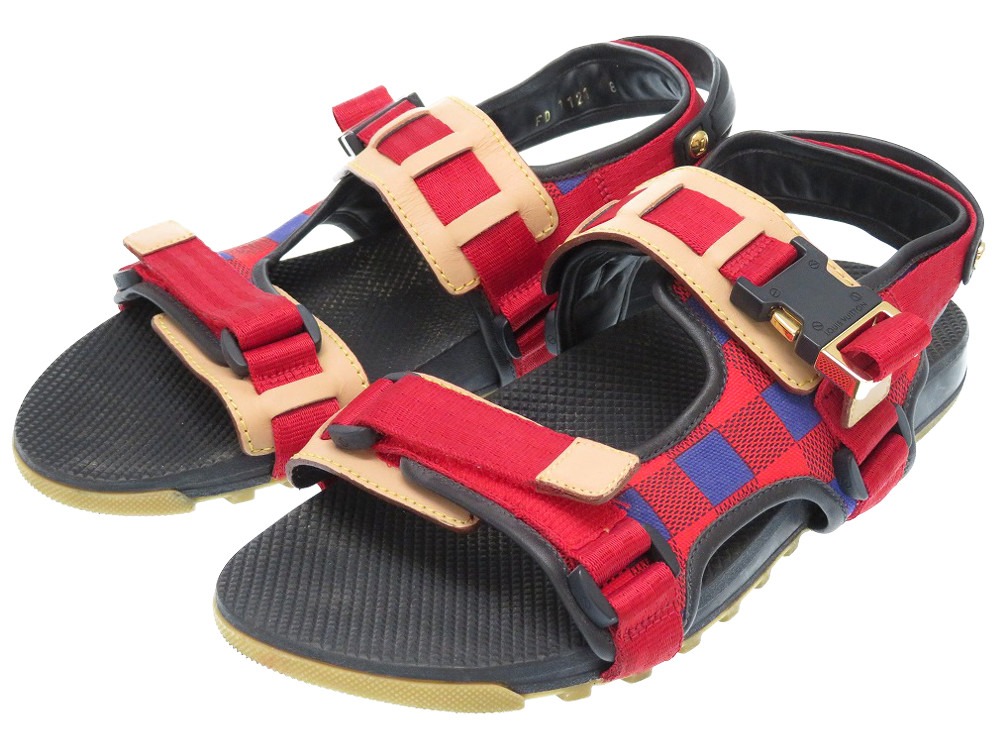 Lvlouis Vuitton マサイ チェック サンダル レザー キャンバス ラバー レッド 0295 メンズ ー ブラモ 欲しいブランド 品がすぐ見つかる ネット通販サイト