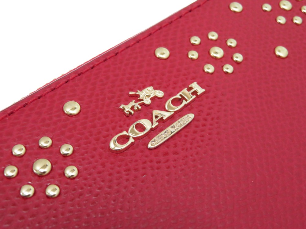 教练coach studs圆形拉鍊长钱包皮革钱包皮革/皮革红色0103女装