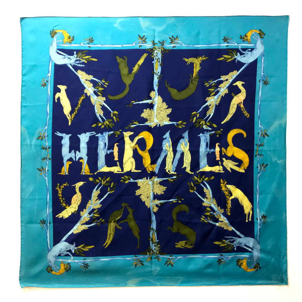 HERMES エルメス カレ90 アニマルロゴ スカーフ シルク/ ブルー系 