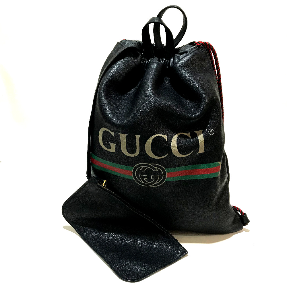 Gucci グッチ 2way バックパック リュックサック Gucciロゴプリント ドローストリング シェリーライン ポーチ付 トートバッグ レザー ブラック メンズ ー ブラモ 欲しいブランド品がすぐ見つかる ネット通販サイト