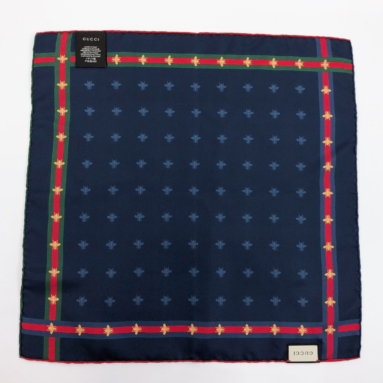Gucci グッチ ハンカチ 4g001 4075 ポケットチーフ 蜂 パターン ウェブ ストライプ シルク ネイビー レッド 中古 メンズ ー ブラモ 欲しいブランド品がすぐ見つかる ネット通販サイト