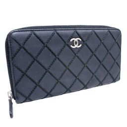 CHANEL Chanel Round zipper Wild stitch Long wallet leather black ladies [pre]