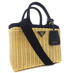 PRADA Prada 2WAY 1BG835 Handbag Canvas / Leather / Yanagi Black Natural (Beige) Ladies [Used]