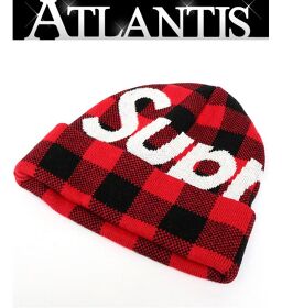 Ginza store Supreme block check logo beanie knit hat cashmere red