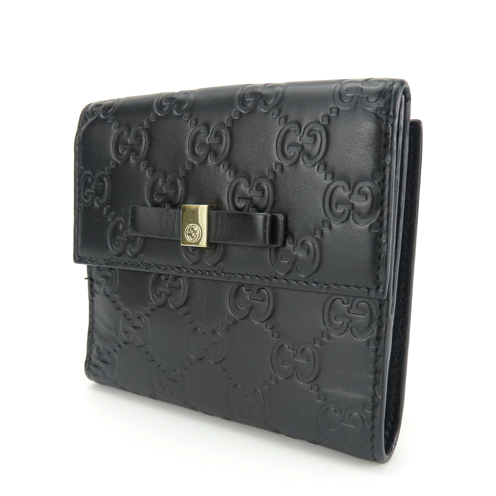 中古】 グッチ 二つ折り財布 406925 シマレザー ブラック リボン W  