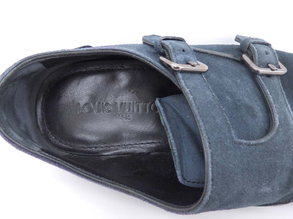 LOUIS VUITTON Double Monk Strap Men&#39;s Shoes Suede Navy Navy Blue Size 6 1/2 10 &quot; | eBay