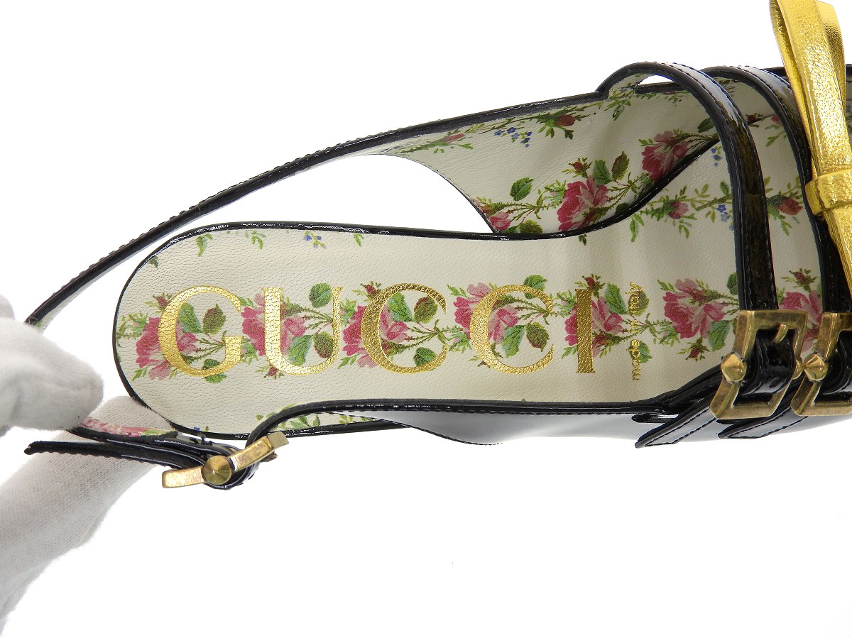 GUCCI Ladies Bamboo Floral Ribbon Buckle Heel Sandals Enamel Black Black 35  | eBay