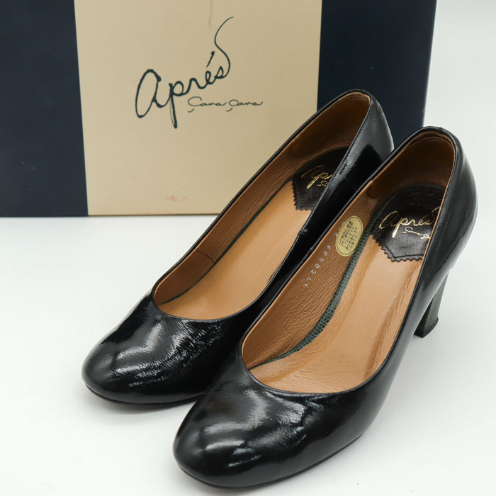 アプレ パンプス ラウンドトゥ チャンキーヒール 日本製 シューズ ブランド 靴 黒 レディース 22.5cmサイズ ブラック apres cavacava