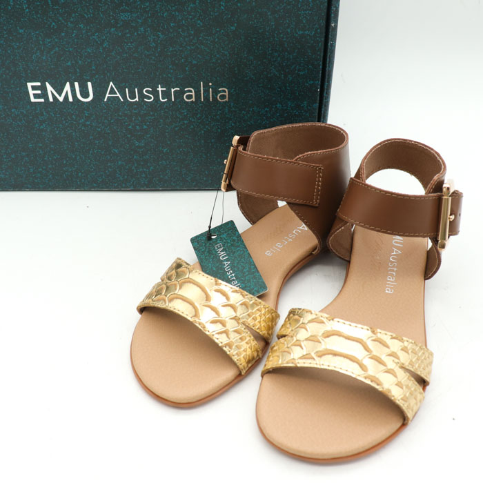 エミュオーストラリア サンダル 未使用 アンクルストラップ ベルト シューズ 靴 ブランド レディース 5サイズ ゴールド EMU Australia