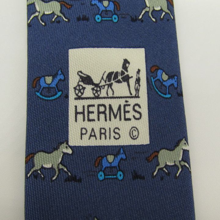 美品 HERMES シルク ネクタイ 紺 ネイビー 牛 cow HERMES エルメス アニマル柄 ネクタイ シルク フランス製 総柄