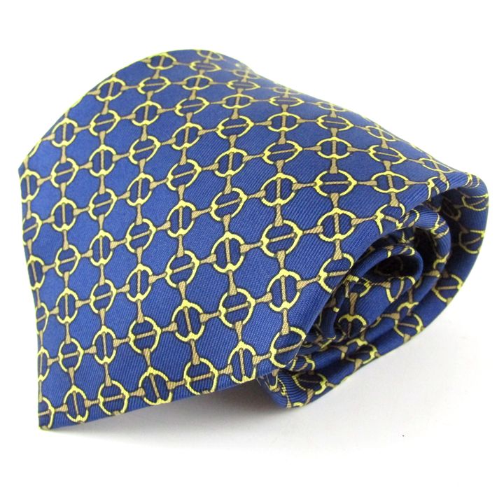 HERMES エルメス ネクタイ 青 水色 鎖 総柄 シルク フランス製 美品 エルメス ネクタイ シルク100 チェック チェーン 総柄 ネイビー