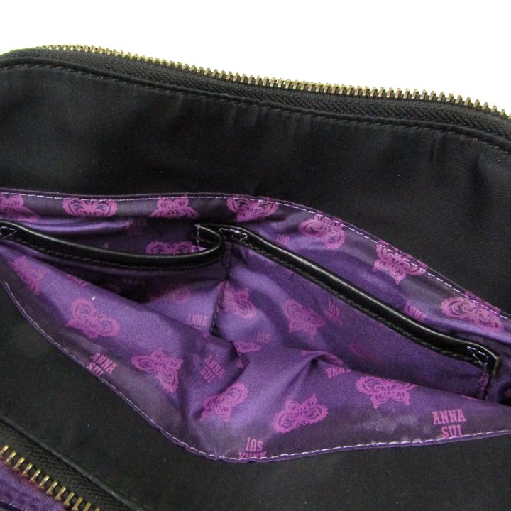 美品 アナスイ ハンドバッグ 腕掛け キャンバス ブラック パープル がま口 美品 アナスイ ハンドバッグ 腕掛け キャンバス ブラック