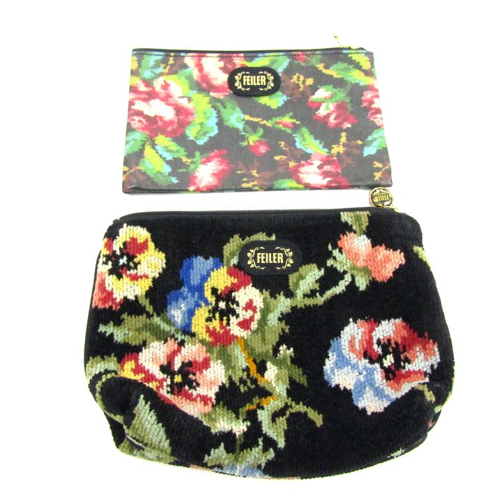 中古】FEILER(フェイラー) ポーチ 花柄 グレー×グリーン×マルチ