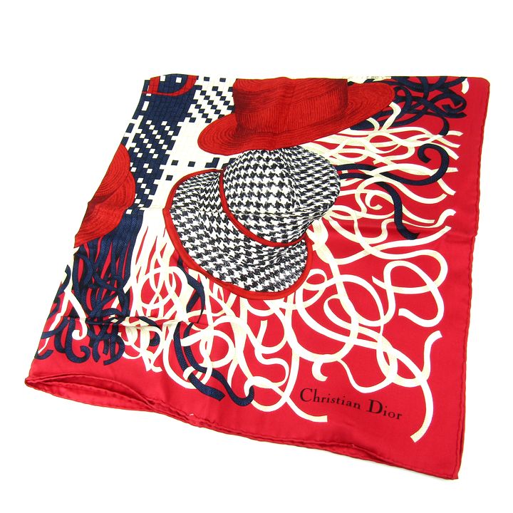 クリスチャン ディオール スカーフ レッド×ホワイト ロゴ柄 中古 155