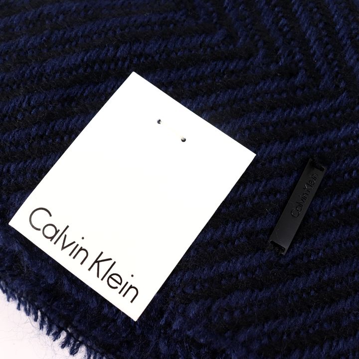 カルバンクライン マフラー 未使用 ヘリンボーンツイード CKロゴ フリンジ ブランド 小物 メンズ ネイビー Calvin klein