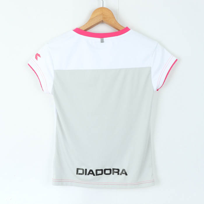 ディアドラ 半袖Tシャツ トップス ロゴT フレンチ袖 スポーツウエア レディース Mサイズ 白×黒×ピンク DIADORA 【中古】、白×黒×ピンク、M