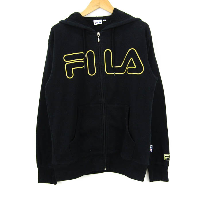 フィラ 長袖パーカー ジップアップ スウェット スエット スポーツウエア メンズ Mサイズ ブラック FILA 【中古】