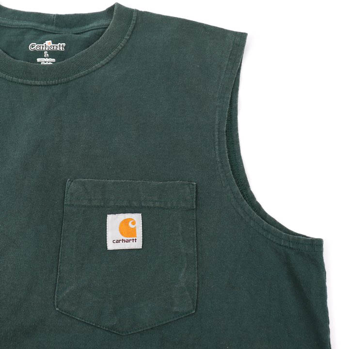 カーハート タンクトップ 胸ポケット ワンポイントロゴ トップス メンズ Lサイズ グリーン Carhartt 【中古】