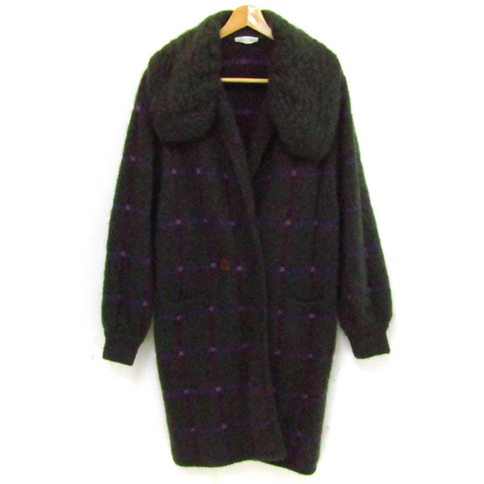ミラショーン ニットコート ビックカラー チェック柄 ウール混  