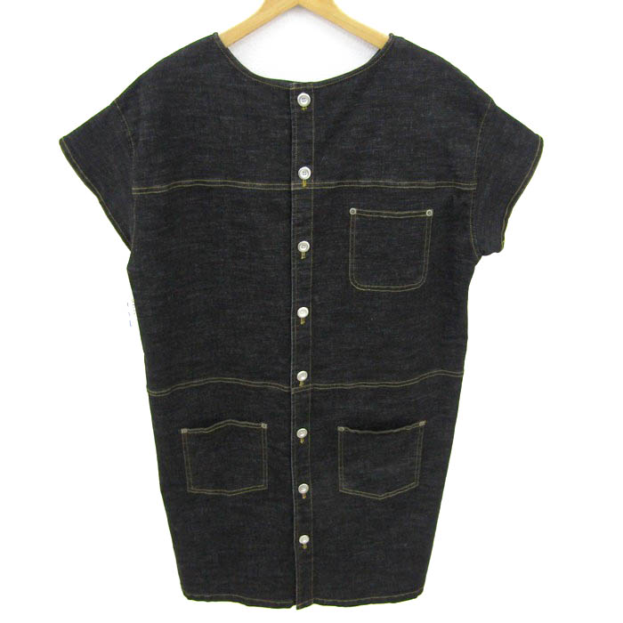 KAINE 半袖 チュニック ワンピース 配色ステッチ デニム トップス レディース M-Lサイズ ブラック系 ﾄｯﾌﾟｽ KAINE 半袖 チュニック ワンピース 配色ステッチ デニム