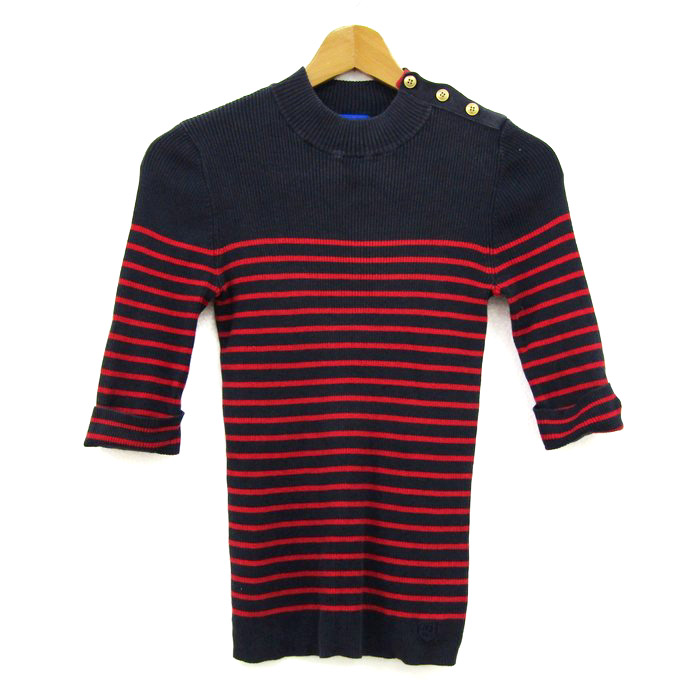 ブルーレーベルクレストブリッジ ニット トップス 五分袖 ボーダー シルク混 レディース 38サイズ 赤×紺 BLUE LABEL CRESTBRIDGE ブルーレーベルクレストブリッジ ニット トップス 五分袖