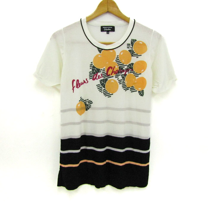 ソニアリキエル ニット トップス 半袖 フルーツ柄 レディース 40サイズ オレンジ×白×黒 Sonia Rykiel ソニアリキエル ニット トップス 半袖 フルーツ柄 レディース 40