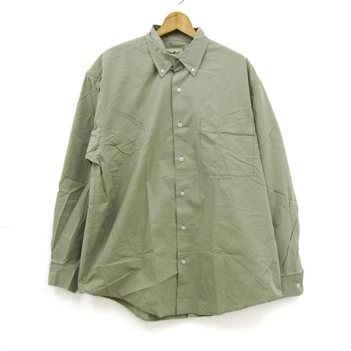 80s-90s Eddie Bauer 半袖ワークシャツ L 緑 A178 エディーバウアー 長袖シャツ ボタンダウン ストライプ柄