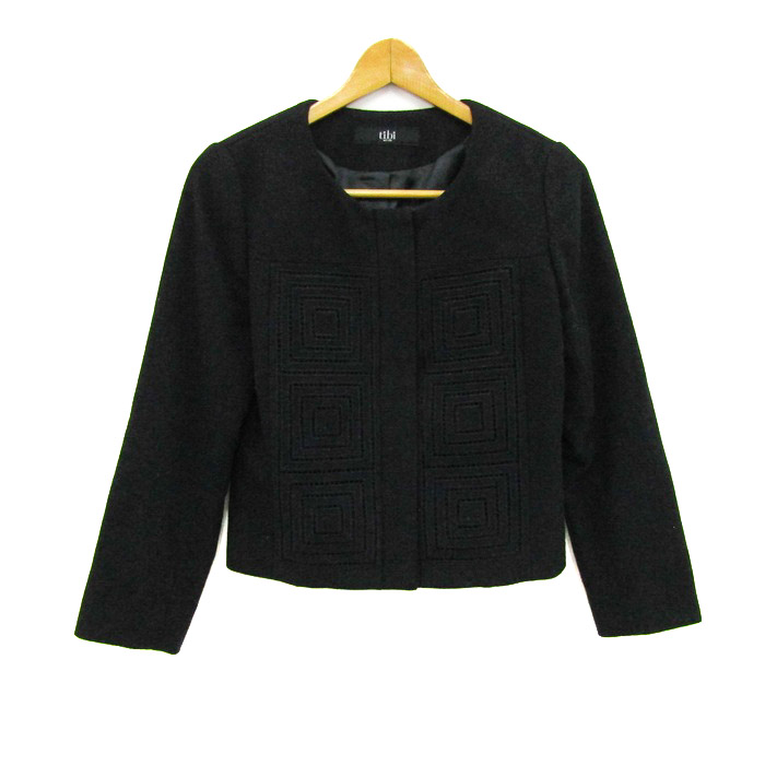 刺繍入りノーカラージャケット 黒 【公式通販】