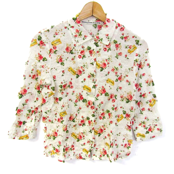 マドモアゼルノンノン 長袖シャツ 花柄 リネン混 トップス レディース 38サイズ ベージュ系×レッド Mademoiselle NON NON マドモアゼルノンノン 長袖シャツ 花柄 リネン混 トップス