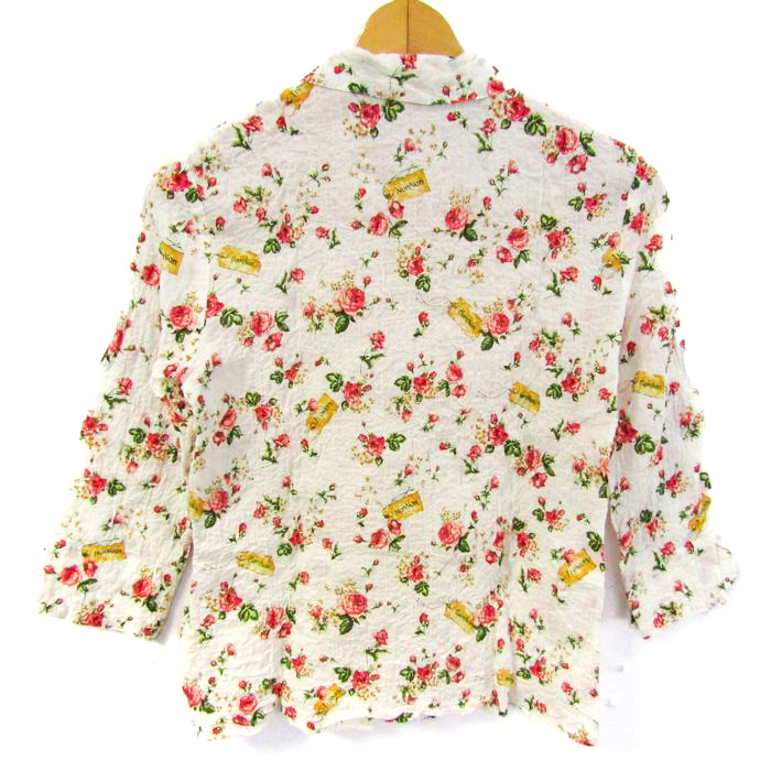 マドモアゼルノンノン　リネン　ブラウス　犬　猫　街並み　白　M 長袖　麻　日本製 マドモアゼルノンノン 長袖シャツ 花柄 リネン混 トップス レディース