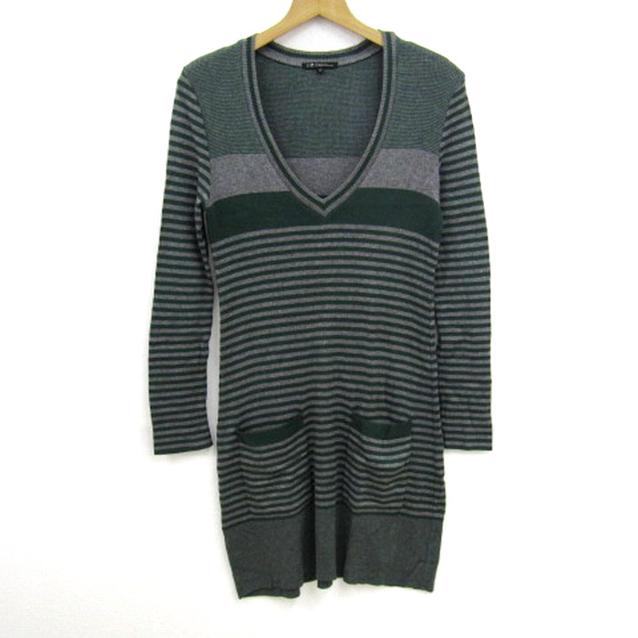 ニジュウサンク ニットワンピース 長袖 Vネック ボーダー トップス  