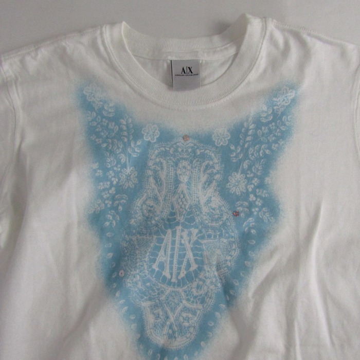 アルマーニエクスチェンジ 半袖Ｔシャツ トップス コットンT USA製 レディース XSサイズ 水色×白 ARMANI EXCHANGE アルマーニエクスチェンジ 半袖Tシャツ トップス コットンT USA