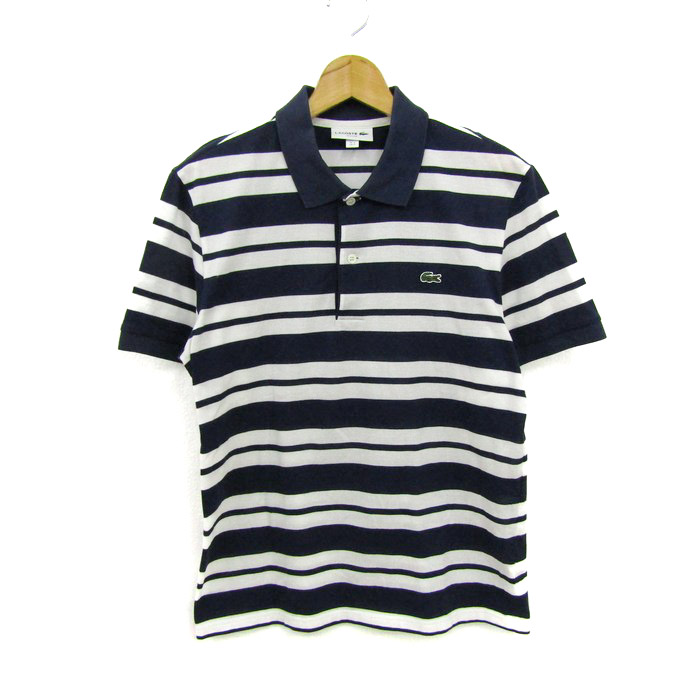 美品　LACOSTE ポロシャツ　ネイビー×ホワイト　ボーダー ラコステ ポロシャツ 半袖 スリムフィット ボーダー トップス
