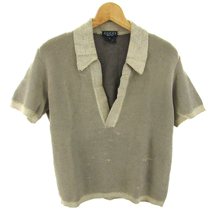 グッチ ポロニット 半袖 スキッパーネック トップス レディース Lサイズ ベージュ系 GUCCI グッチ ポロニット 半袖 スキッパーネック トップス レディース