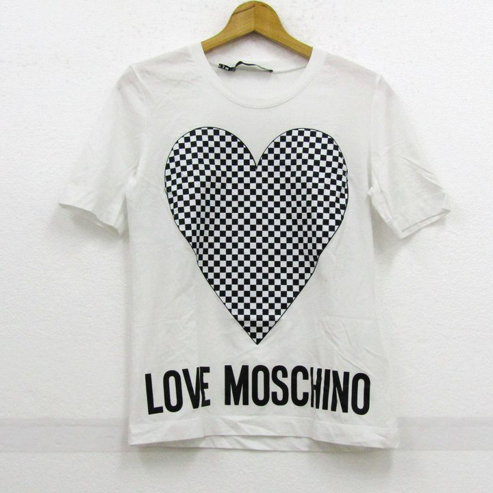 ラブモスキーノ 半袖Ｔシャツ トップス ハート チェッカー柄 レディース USA2サイズ 白×黒 LOVE MOSCHINO ラブモスキーノ 半袖Tシャツ トップス ハート チェッカー柄
