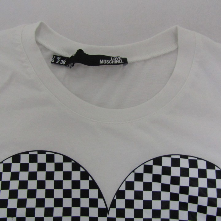 ラブモスキーノ 半袖Ｔシャツ トップス ハート チェッカー柄 レディース USA2サイズ 白×黒 LOVE MOSCHINO ラブモスキーノ 半袖Tシャツ トップス ハート チェッカー柄