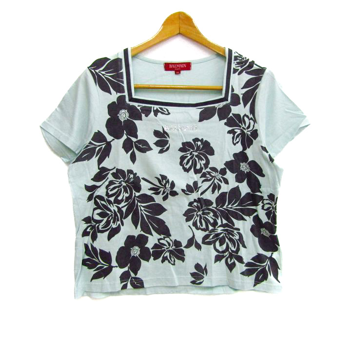 バルマン 半袖Ｔシャツ トップス スクエアネック 花柄 大きいサイズ レディース XLサイズ ミント BALMAIN バルマン 半袖Tシャツ トップス スクエアネック 花柄 大きい