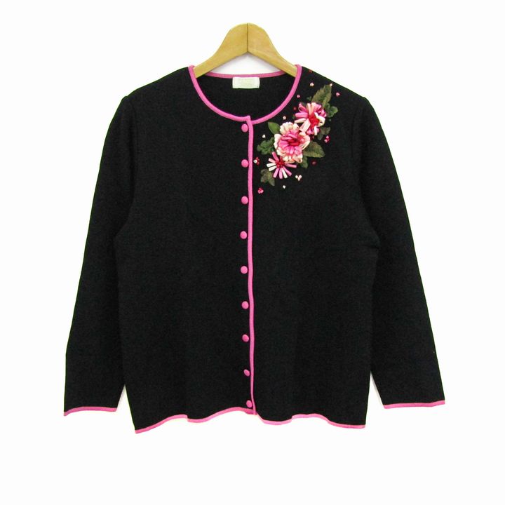 花柄カーディガン 長袖 黒 ピンク
