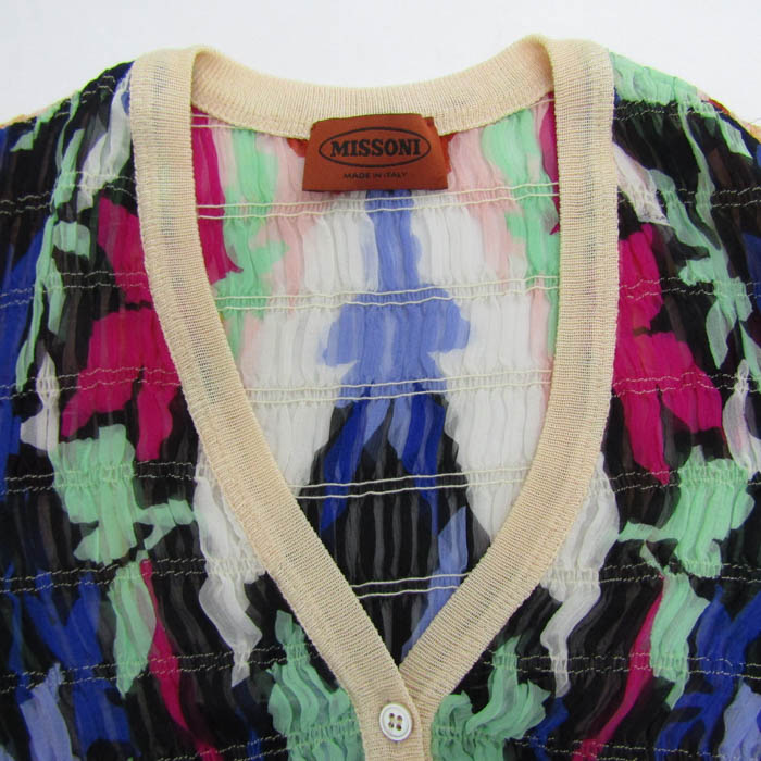 ミッソーニ カーディガン トップス 長袖 Vネック シルク100% レディース フリーサイズ ベージュ×黄緑×ピンク Missoni ミッソーニ カーディガン トップス 長袖 Vネック シルク100