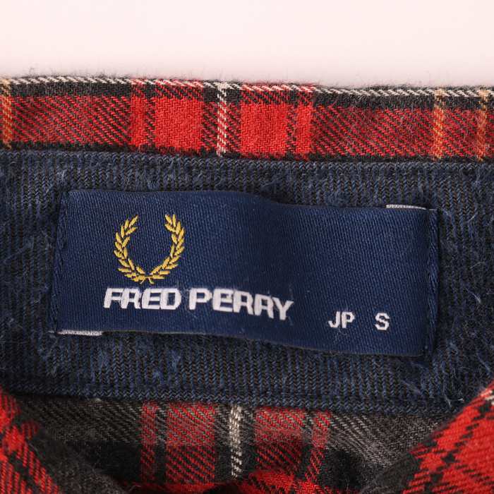 フレッドペリー チェック 長袖ワンピース S レッド×ネイビー FRED PERRY 日本製 ロゴ刺繍 ネル レディース   【230919】