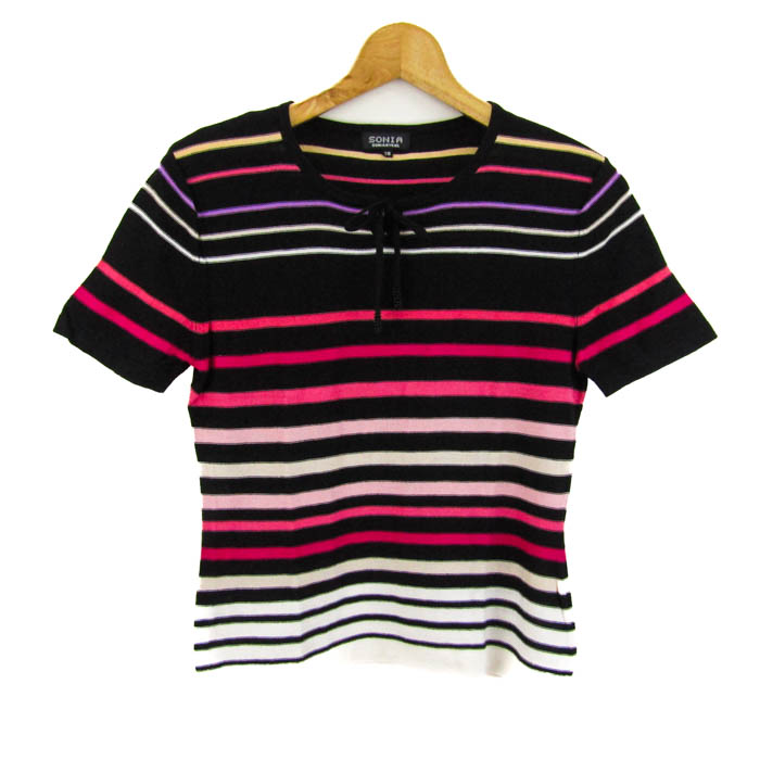 ソニアリキエル ニット 半袖 ボーダー トップス レディース 38サイズ ブラック×ピンク×イエロー系 Sonia Rykiel ソニアリキエル ニット 半袖 ボーダー トップス レディース 38